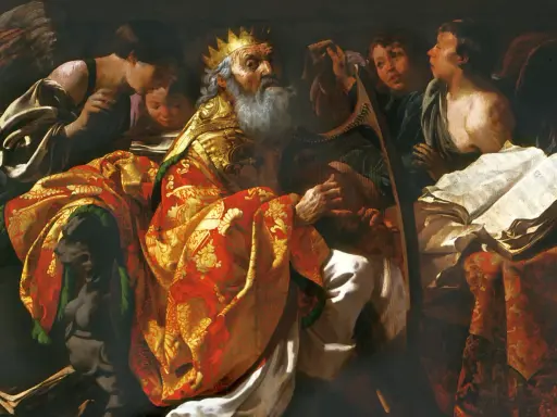 Król Dawid gra na harfie, otoczony aniołami i uczonymi. Pamiętaj człowiecze na Jezusa, bo Jego miłość jest wieczna.