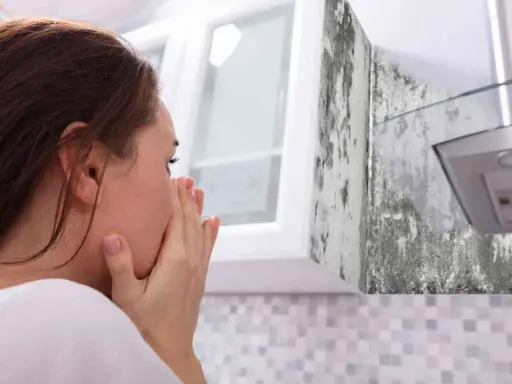Mujer con las manos en la cara, asqueada por el moho en la pared de la cocina.