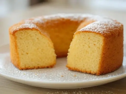 Un délicieux gâteau sans oeuf, saupoudré de sucre glace, est présenté sur une assiette blanche. Sa texture moelleuse est visible.