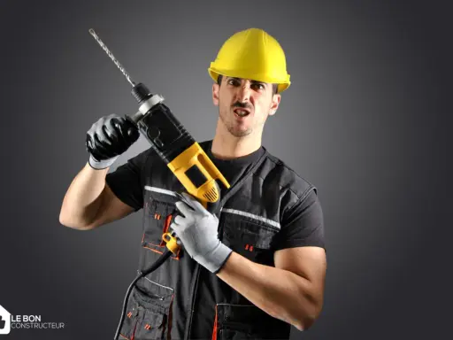 Un homme en casque jaune, gants et tenue de travail tient une perceuse. Il a une expression faciale exagérée, comme un architecte ou un constructeur prêt à relever un défi.