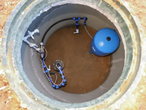 Wnętrze studni głębinowej z niebieskim zbiornikiem hydroforowym i systemem rur. Widać manometr i zawory.