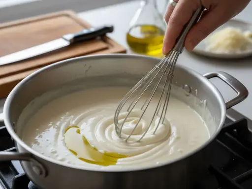 Préparation d'une béchamel sans beurre onctueuse, fouettée avec de l'huile d'olive dans une casserole.