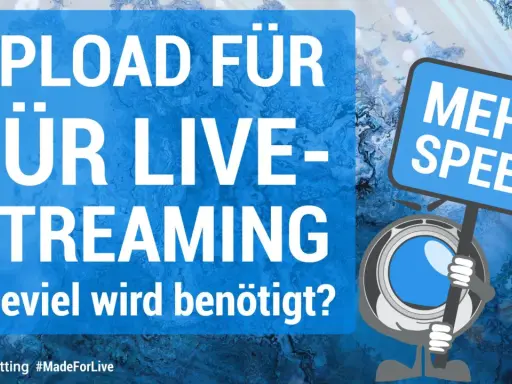 Upload für Live-Streaming: wie viel MB pro Sekunde sind gut? Ein Comic-Charakter mit Kamera hält ein Schild "Mehr Speed".