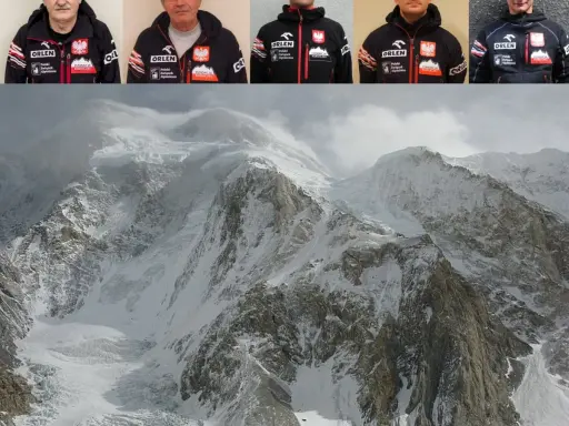 Wielki, śnieżny **broad peak szczyt** w chmurach. U góry portrety alpinistów w kurtkach z logo ORLEN.