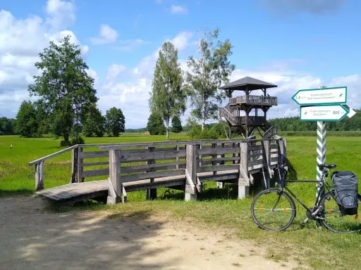 Rower czeka przy drewnianym pomoście, gotowy na odkrywanie tras rowerowych Podlasia. Wieża widokowa zaprasza do podziwiania krajobrazu.