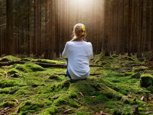 Frau sitzt im Wald auf moosbewachsenem Boden, sucht Ruhe, wenn sie immer gestresst und genervt ist.