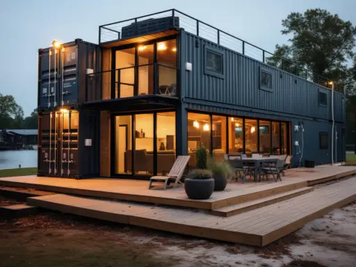Maison moderne en conteneurs empilés, avec terrasse en bois et vue sur l'eau. Un prix maison avec sous-sol complet serait un rêve.