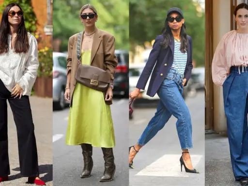 Four women showcase stylish outfits, proving that a casual dress code can be chic. From wide-leg pants to slip dresses, these looks are perfect for any occasion.
