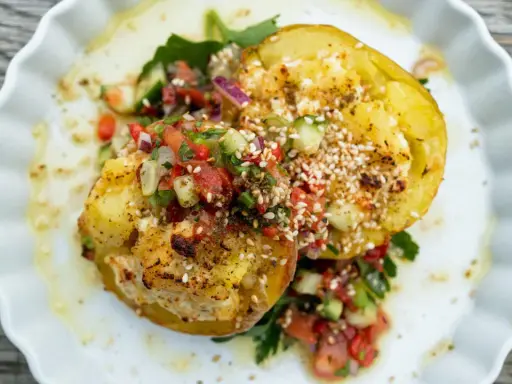 Kumpir rezept: Zwei gebackene Kartoffelhälften, gefüllt mit Käse und belegt mit frischem Tomaten-Gurken-Salat und Sesam.