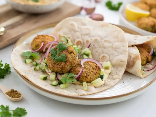 Falafel i tunnbröd med hummus, gurka och rödlök. Perfekt till tacos eller som en snabb lunch.
