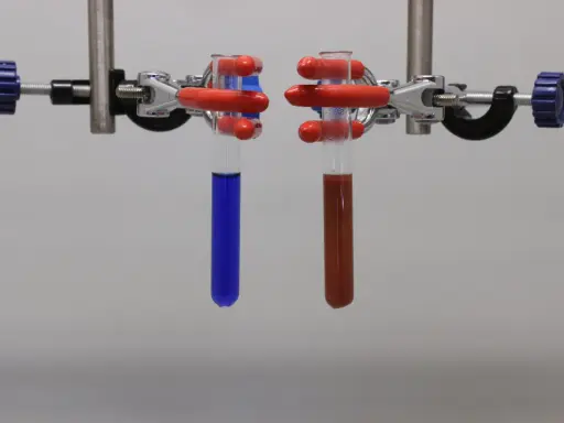 Zwei Reagenzgläser mit Flüssigkeiten, eines blau, das andere rotbraun, werden in einem Laborständer für eine Fehling-Probe gehalten.