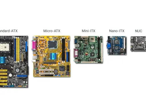 Porównanie rozmiarów płyt głównych: Standard-ATX, Micro-ATX, Mini-ITX, Nano-ITX, NUC, Pico-ITX.