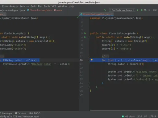 Kod Java z pętlą for-each, która iteruje po liście kolorów. Widać fragment kodu z pętlą while js, która jest używana do podobnego celu.