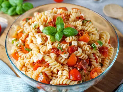 Ein köstlicher mediterraner Nudelsalat mit Fusilli, Kirschtomaten, Mozzarella-Würfeln und frischem Basilikum, garniert mit einem Basilikumblatt.