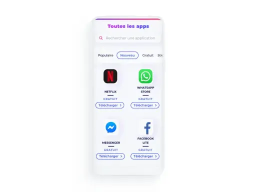 Interface d'une application rappel Android, affichant Netflix, WhatsApp, Messenger et Facebook Lite, tous gratuits à télécharger.