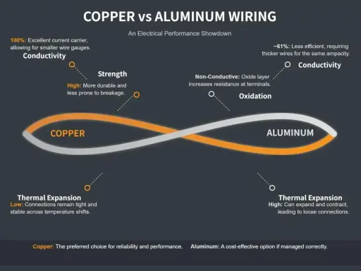 Porównanie miedzi i aluminium: aluminium przewodzi prąd, ale jest mniej wydajne i podatne na utlenianie niż miedź.
