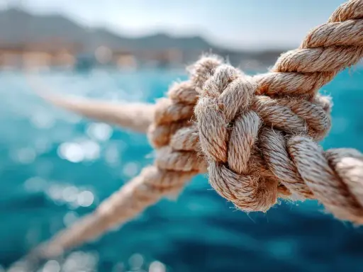 Gros plan sur un nœud de marin bien serré, sur fond de mer bleue et de montagnes floues. L'art de faire un noeud de marin est essentiel pour la sécurité en mer.