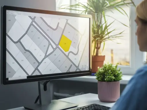 Kobieta analizuje na monitorze mapę działek, która przypomina wypis z rejestru gruntów. Jedna z działek jest podświetlona na żółto.