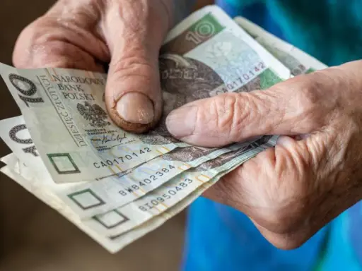 Dłonie seniora trzymają banknoty 10 zł. Kto może liczyć na 500 plus dla seniora?