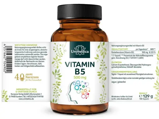 Flasche Unimedica Vitamin B5 (Pantothensäure), 500 mg. Hilft bei normaler geistiger Leistung.