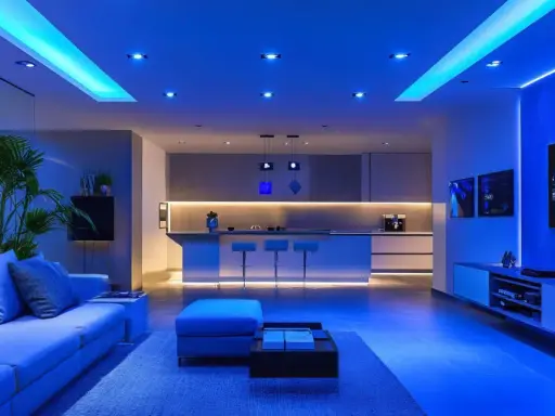 Nowoczesny salon z kuchnią, oświetlony niebieskim światłem. Porównanie lumenów różnych źródeł światła, od sufitowych po taśmy LED.