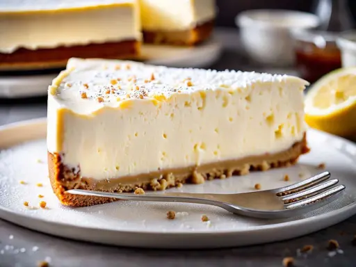 Tranche de cheesecake healthy sans cuisson, crémeuse et légère, garnie de miettes et saupoudrée de sucre glace. Un délice !