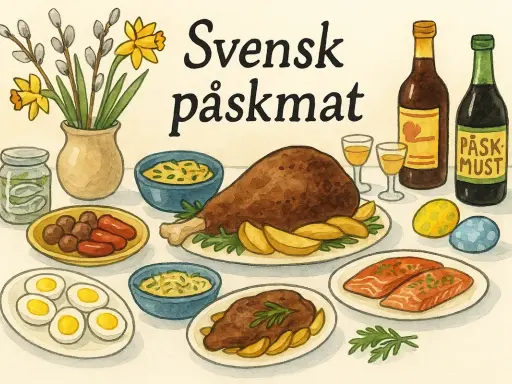 En illustration av svensk påskmat: kalkon, lax, köttbullar, korv, ägg, sill, påskmust och påskris. Här finns fakta om påsken.