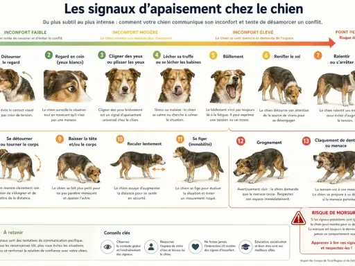 Infographie sur les signaux d'apaisement du chien, de l'inconfort léger au risque de morsure. Reconnaître ces signes, comme le bâillement ou le regard en coin, aide à prévenir les situations de stress, même chez un chien atteint d'atrophie rétinienne p...