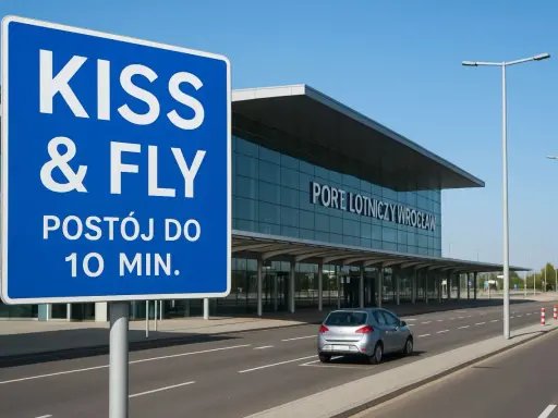 Niebieski znak "KISS & FLY" informuje o postoju do 10 min. przy Porcie Lotniczym Wrocław. Darmowy parking lotnisko wrocław jest dostępny dla szybkich pożegnań.