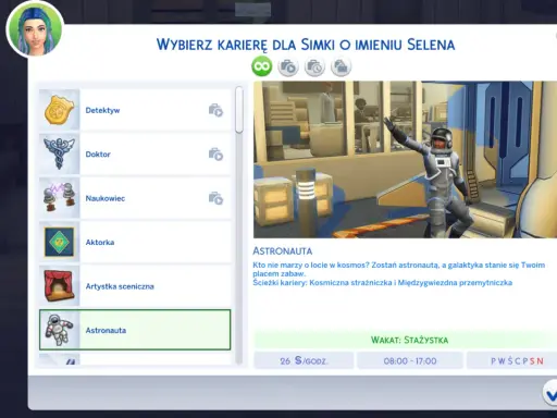 Wybór kariery dla Simki Seleny w Sims 4: astronautka. Marzy o kosmosie i międzygwiezdnych podróżach.