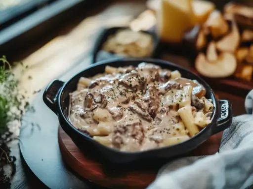 En krämig ryggbiff pasta med svamp och örter, serverad i en svart skål.