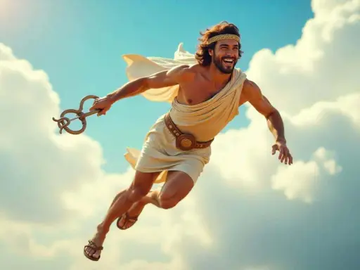 Hermes, Gott der Boten, fliegt mit seinem geflügelten Stab durch die Wolken. Seine Herkunft ist göttlich, seine Mission eilig.