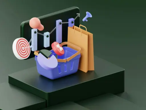 Grafika ilustruje branżę e-commerce: koszyk, torby, wykresy, cel i żarówkę.