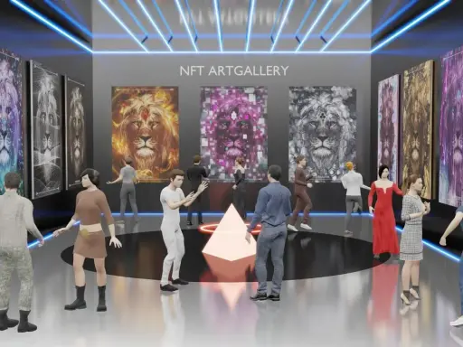 Visitors explore a digital NFT art gallery showcasing vibrant lion portraits, a glimpse into the art of the future.