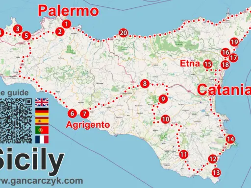 Mapa Sycylii z zaznaczonymi trasami zwiedzania. Widoczne Palermo, Etna, Katania, Agrigento. Dostępny darmowy przewodnik.