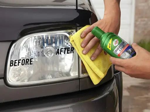 Mano aplica producto para limpiar faros de coche. Muestra el antes y después de un faro opaco.