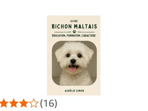Portrait d'un bichon maltais blanc, joyeux, avec un texte "Guide Bichon Maltais".