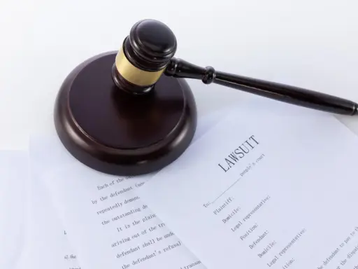 Młotek sędziowski na dokumentach sądowych, w tym na formularzu "LAWSUIT". Może posłużyć jako wzór wniosku o alimenty bez rozwodu.