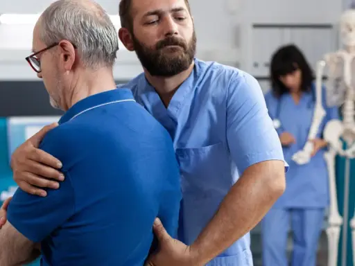 Fizjoterapeuta pomaga starszemu mężczyźnie, który odczuwa ostry ból kręgosłupa lędźwiowego. W tle widać szkielet i drugą pielęgniarkę.