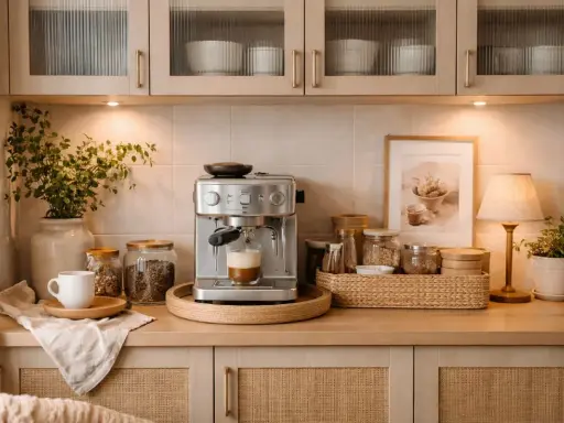 En mysig kaffebar hemma med espressomaskin som brygger en kopp kaffe. Burkarna med bönor och en vit kopp bidrar till den inbjudande känslan.