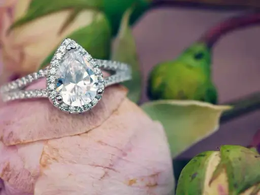 Un prezioso anello a goccia, simbolo di purezza e amore eterno, adagiato su un petalo di rosa.