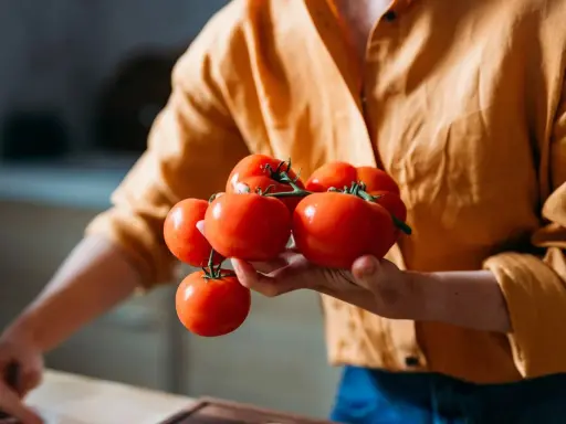 Une personne tient une grappe de tomates rouges fraîches, prêtes à être conservées.