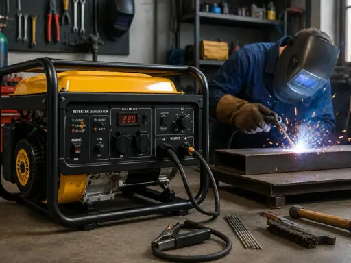 Generador amarillo listo para soldar. Un soldador trabaja en el fondo, demostrando que se puede soldar con un generador de 2000w.
