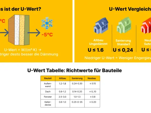 Vergleich von U-Werten für Altbau, Sanierung und Neubau. Ein niedriger U-Wert bedeutet bessere Dämmung und weniger Energieverlust.