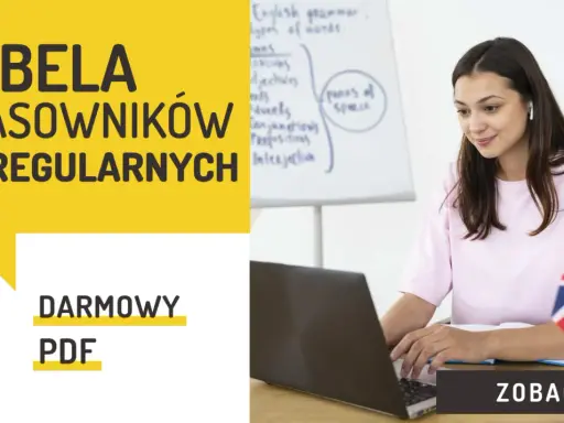 Tabela czasowników nieregularnych, darmowy PDF. Młoda kobieta uczy się angielskiego przy laptopie. Zobacz!