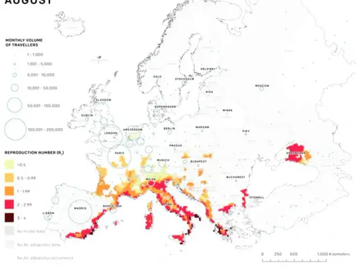 Karta över Europa som visar potentiell spridning av gula febern, med områden markerade i rött och orange där viruset kan frodas.