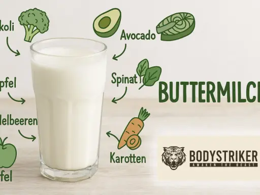 Glas Buttermilch mit Illustrationen von gesunden Lebensmitteln wie Brokkoli, Apfel, Avocado und Karotten. Ideal für buttermilch abnehmen.