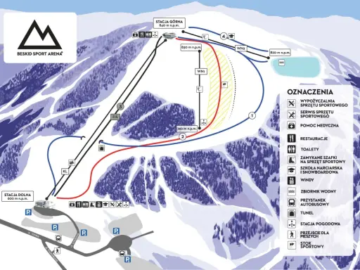 Mapa ośrodka Beskid Sport Arena. Trasy narciarskie w Szczyrku: zobacz, ile km tras czeka na narciarzy i snowboardzistów.
