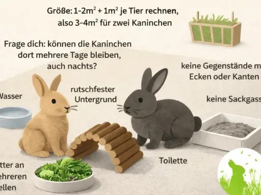 Zwei Kaninchen, ein braunes und ein graues, sitzen in einem Gehege mit Futter, Wasser und Toilette. Tipps für die artgerechte Haltung von hasen als haustier.