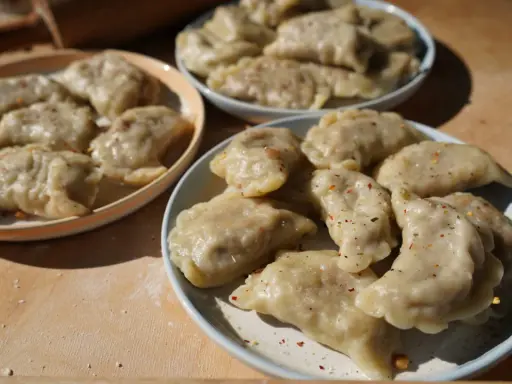 Talerze pełne pysznych, domowych pierogów z soczewicą, posypanych przyprawami. Idealne na obiad!